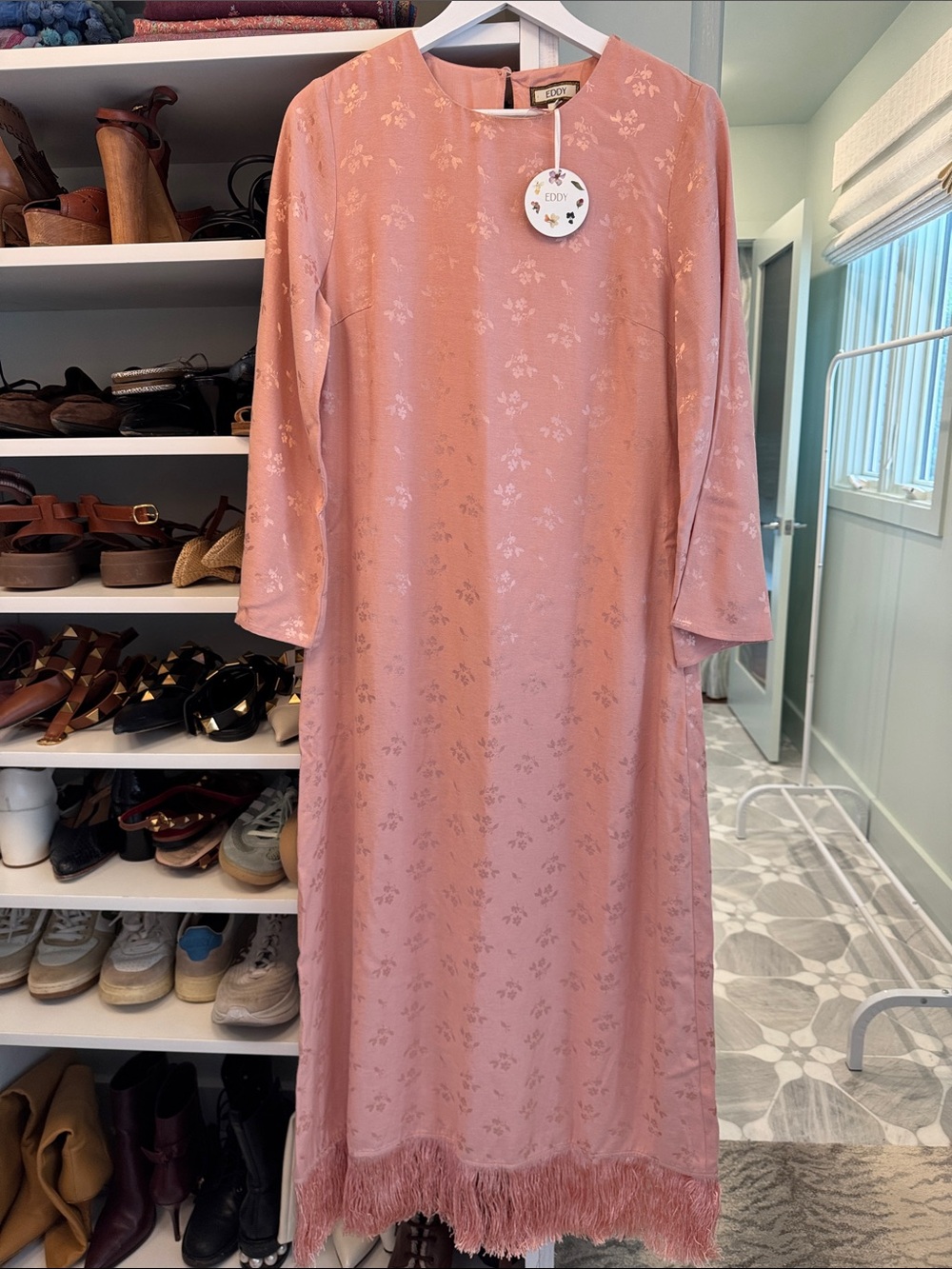 Eddy Blush Pink Floral Midi Dress with Feather Hem Size M